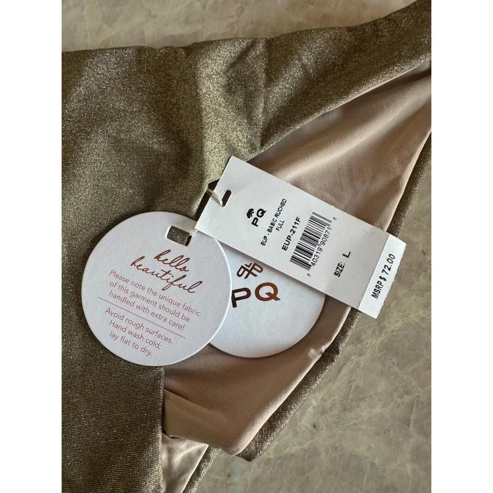 PQ Swim Euphoria Basic Ruched Full Bikini Bottom Gold Metallic EUP-211F L NEW